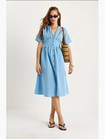 Vestido camisero midi con cuello en v y botones lucci