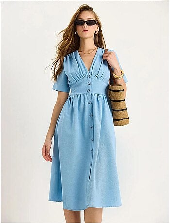 Vestido camisero midi con cuello en v y botones lucci