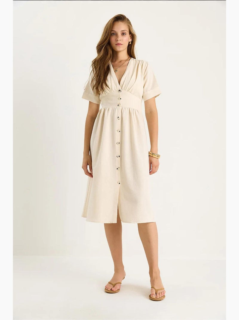 Vestido camisero midi con cuello en v y botones lucci Beige arcilla - Kiabi