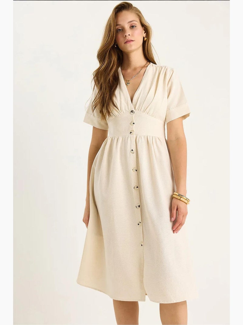 Vestido camisero midi con cuello en v y botones lucci Beige arcilla - Kiabi