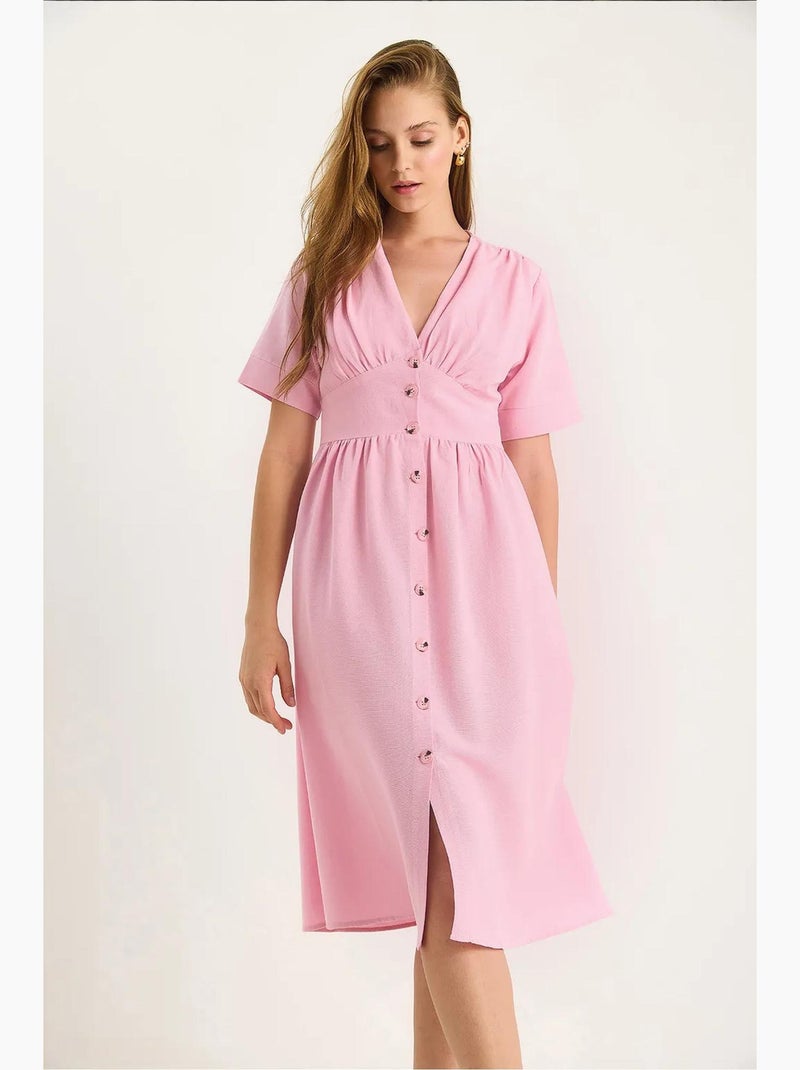 Vestido camisero midi con cuello en v y botones lucci Rosa claro - Kiabi