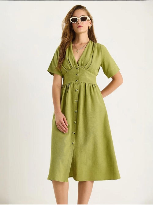 Vestido camisero midi con cuello en v y botones lucci - Kiabi