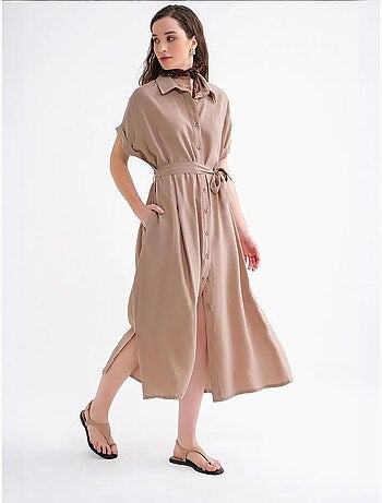 Vestido camisero midi con cuello en v y cordón de mixray
