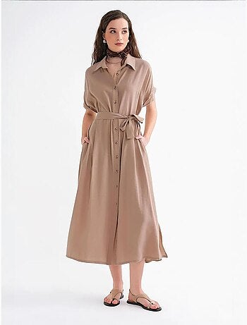 Vestido camisero midi con cuello en v y cordón de mixray