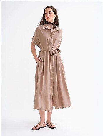 Vestido camisero midi con cuello en v y cordón de mixray