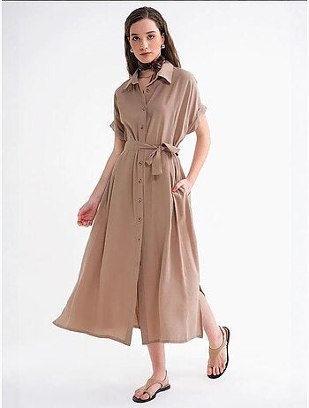 Vestido camisero midi con cuello en v y cordón de mixray