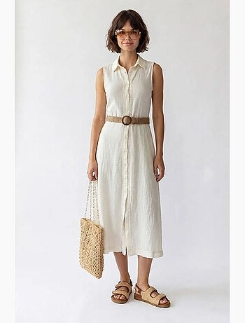 Vestido camisero midi de algodón con cinturón mixray