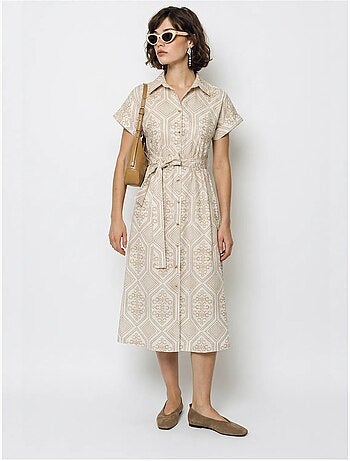 Vestido camisero midi de algodón geométrico con cinturón lucci