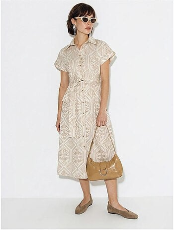 Vestido camisero midi de algodón geométrico con cinturón lucci