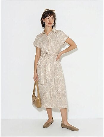Vestido camisero midi de algodón geométrico con cinturón lucci