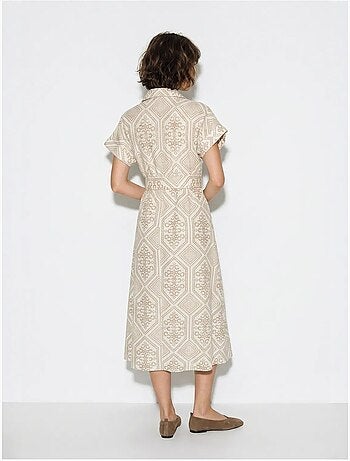 Vestido camisero midi de algodón geométrico con cinturón lucci