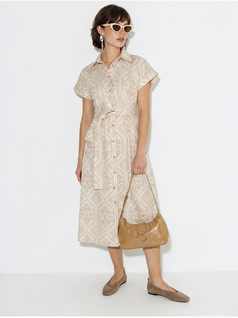 Vestido camisero midi de algodón geométrico con cinturón lucci Beige arcilla - Kiabi