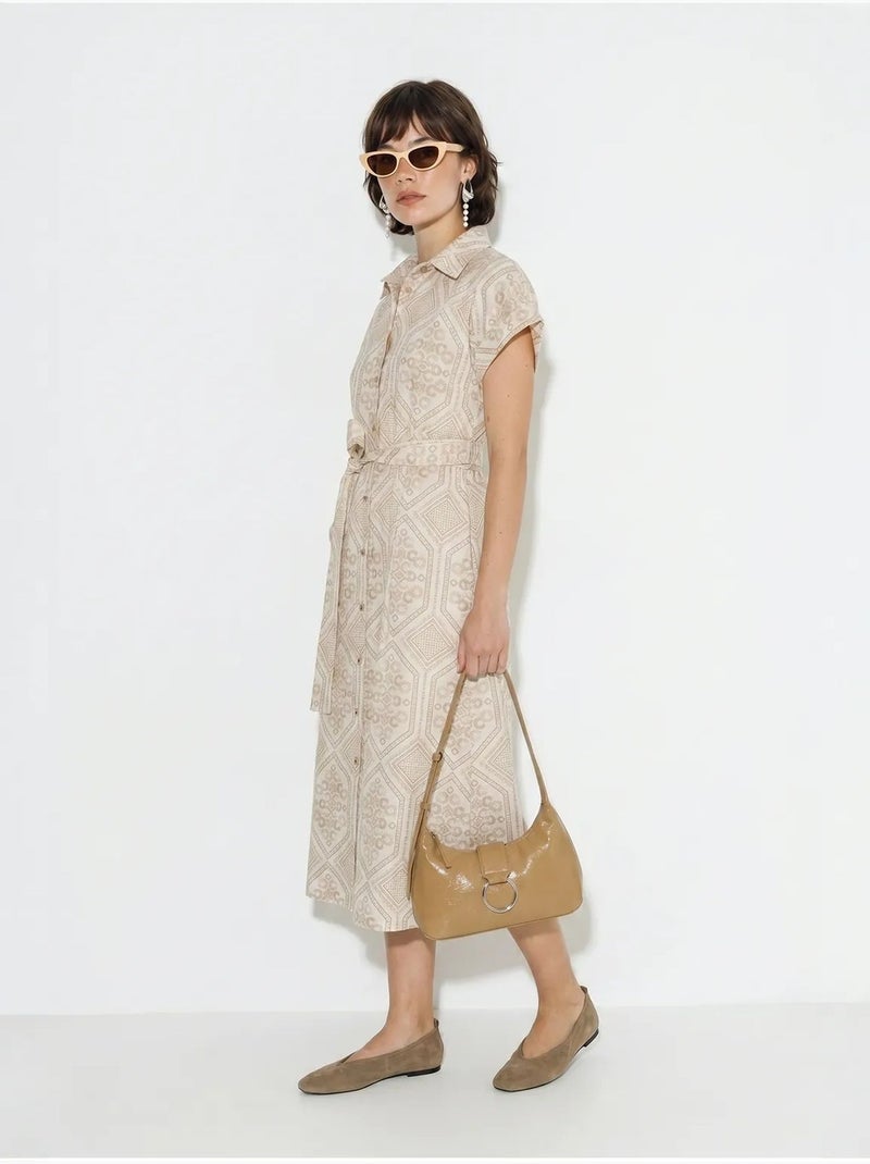 Vestido camisero midi de algodón geométrico con cinturón lucci Beige arcilla - Kiabi