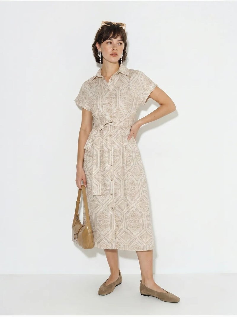 Vestido camisero midi de algodón geométrico con cinturón lucci Beige arcilla - Kiabi