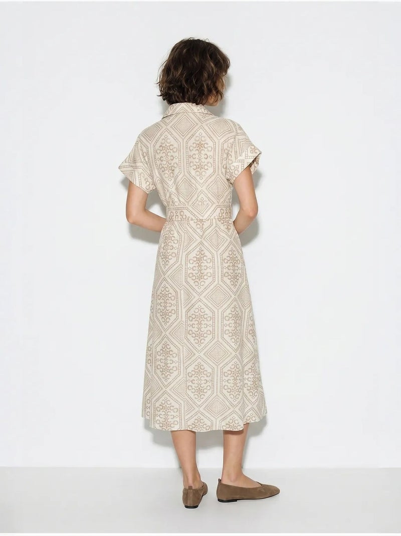 Vestido camisero midi de algodón geométrico con cinturón lucci Beige arcilla - Kiabi