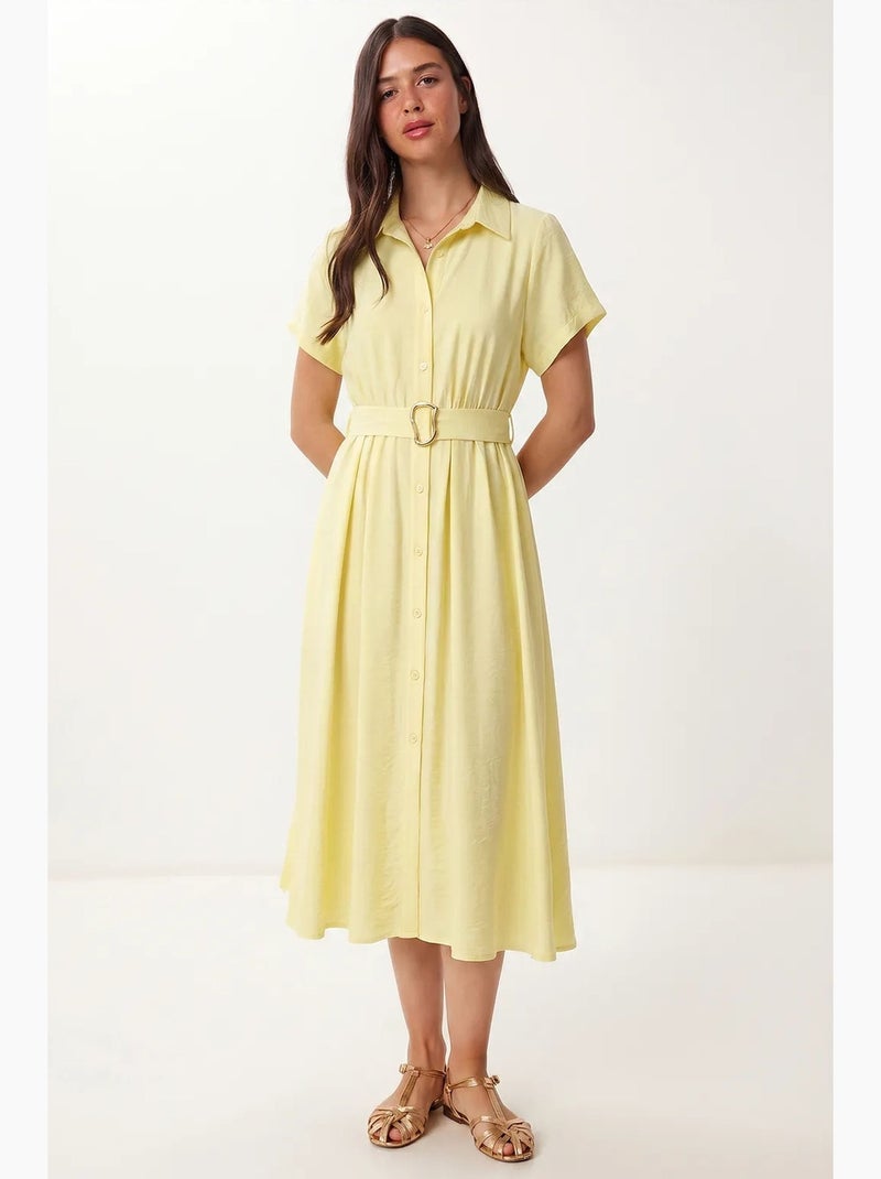 Vestido camisero midi de popelina con cinturón istanbul Amarillo limón - Kiabi