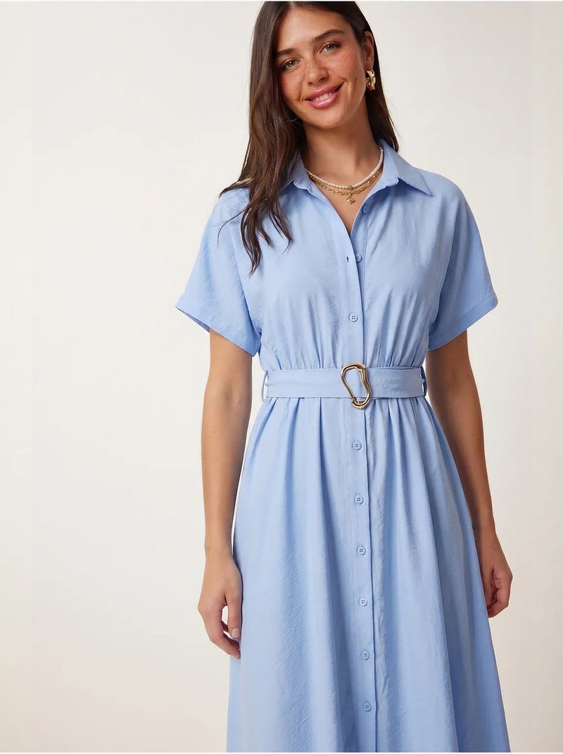 Vestido camisero midi de popelina con cinturón istanbul Azul cielo - Kiabi