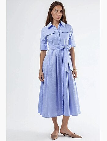 Vestido camisero midi de rayas con cinturón busem