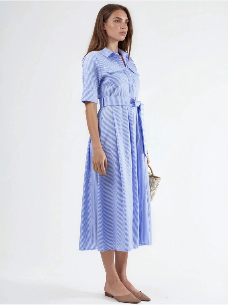 Vestido camisero midi de rayas con cinturón busem Azul cielo - Kiabi