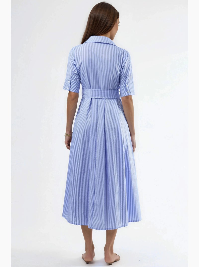 Vestido camisero midi de rayas con cinturón busem Azul cielo - Kiabi
