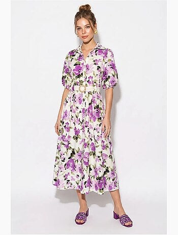Vestido camisero midi floral con cinturón lucci