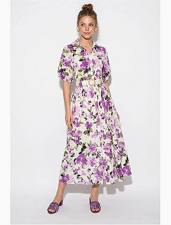 Vestido camisero midi floral con cinturón lucci