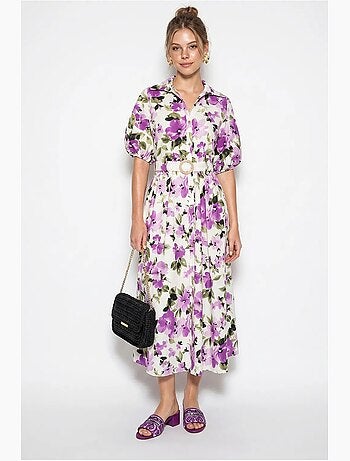 Vestido camisero midi floral con cinturón lucci
