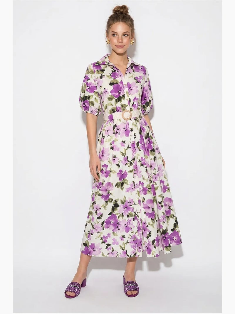 Vestido camisero midi floral con cinturón lucci Blanco - Kiabi