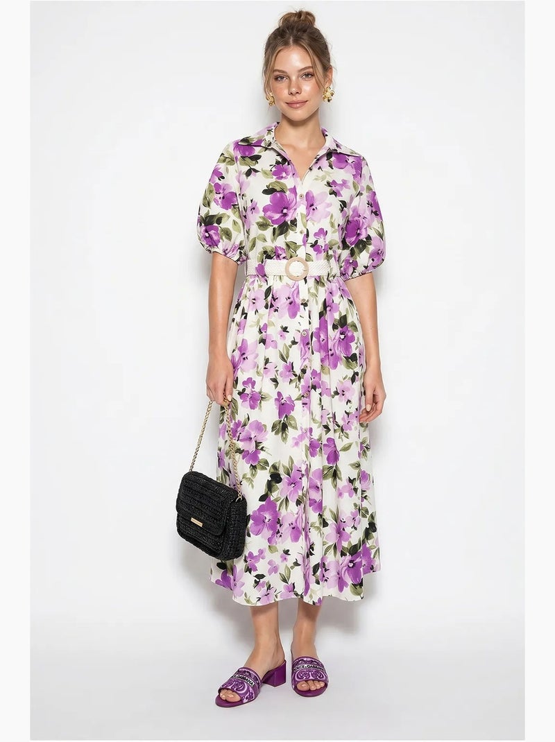 Vestido camisero midi floral con cinturón lucci Blanco - Kiabi