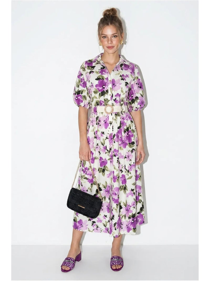 Vestido camisero midi floral con cinturón lucci Blanco - Kiabi
