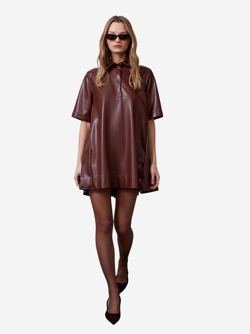 Vestido camisero mini de polipiel de corte holgado dilvin Marrón - Kiabi