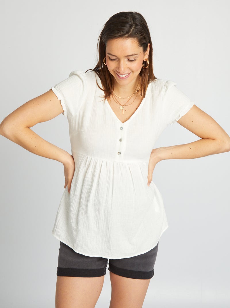 Vestido camisero premamá de gasa de algodón BLANCO - Kiabi