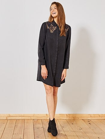 Vestido camisero vaporoso con encaje - Kiabi