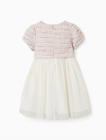 Vestido combinado de manga corta en tweed y malla