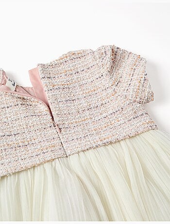 Vestido combinado de manga corta en tweed y malla