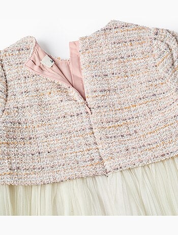 Vestido combinado de manga corta en tweed y malla