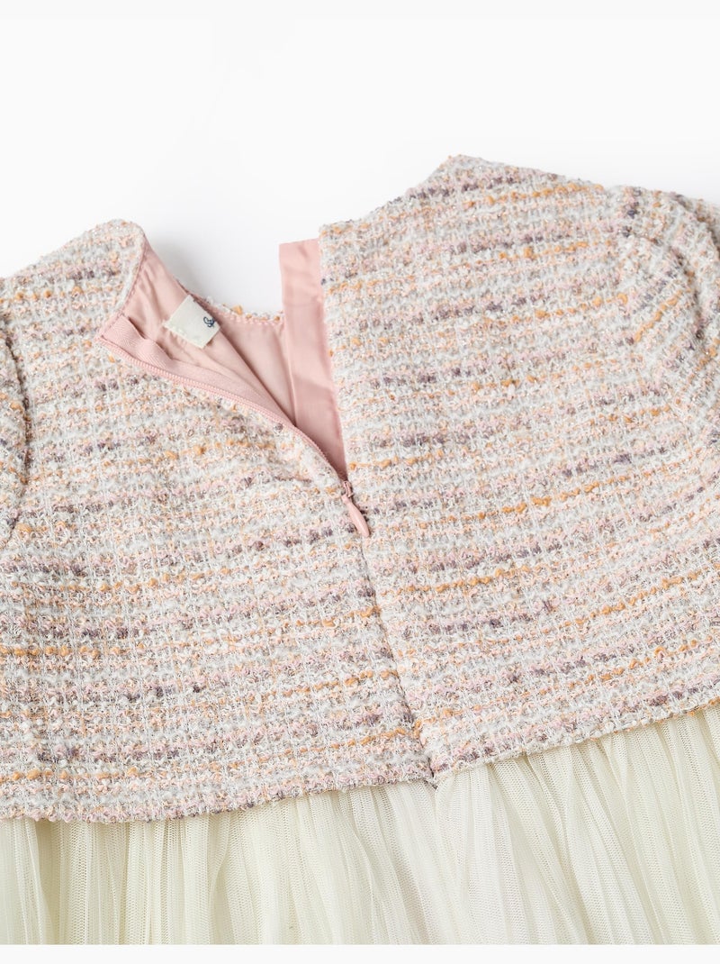 Vestido combinado de manga corta en tweed y malla Rosa claro - Kiabi