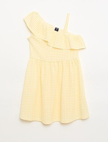 Vestido con cuello asimétrico con volantes estampado vichy