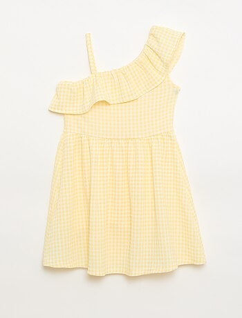 Vestido con cuello asimétrico con volantes estampado vichy