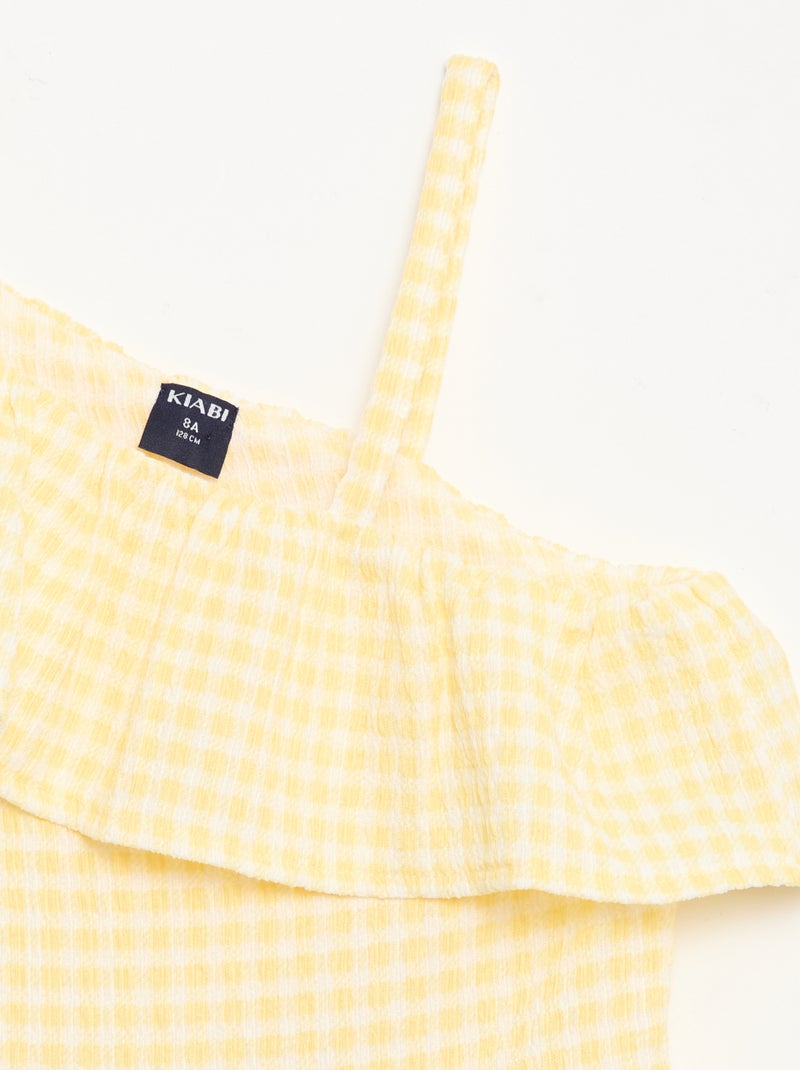 Vestido con cuello asimétrico con volantes estampado vichy Amarillo - Kiabi