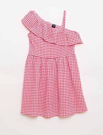 Vestido con cuello asimétrico con volantes estampado vichy