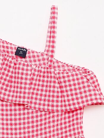 Vestido con cuello asimétrico con volantes estampado vichy
