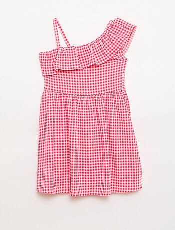 Vestido con cuello asimétrico con volantes estampado vichy