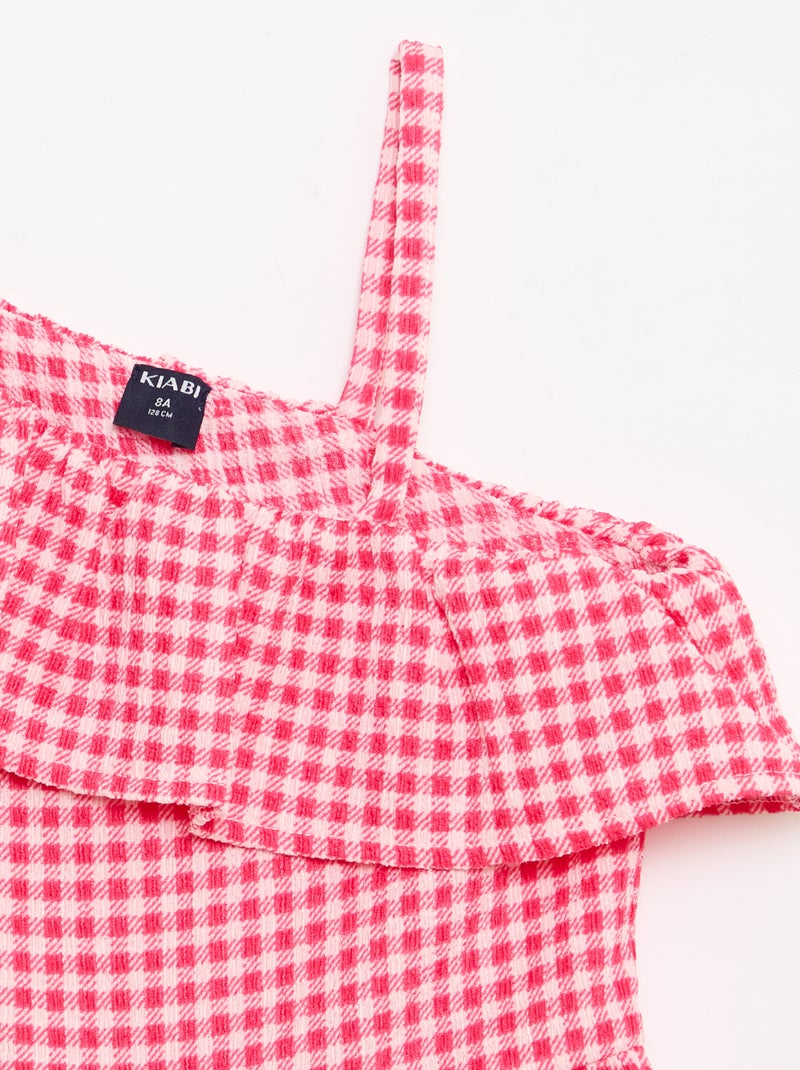 Vestido con cuello asimétrico con volantes estampado vichy Rosa - Kiabi