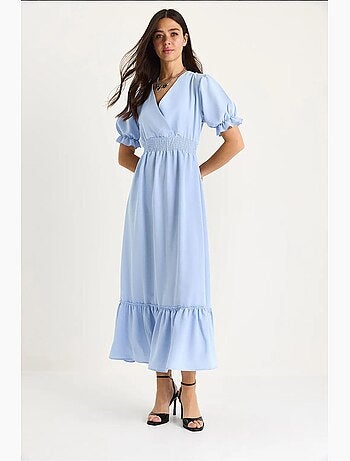 Vestido con cuello cruzado, cintura fruncida y mangas elásticas lucci