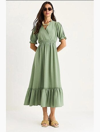 Vestido con cuello cruzado, cintura fruncida y mangas elásticas lucci