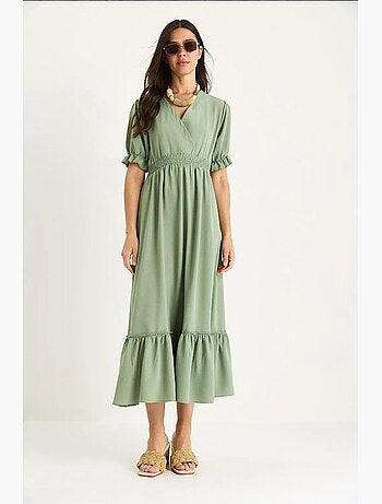 Vestido con cuello cruzado, cintura fruncida y mangas elásticas lucci