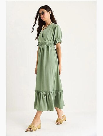 Vestido con cuello cruzado, cintura fruncida y mangas elásticas lucci