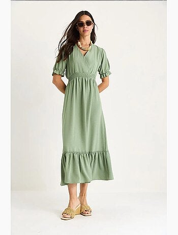 Vestido con cuello cruzado, cintura fruncida y mangas elásticas lucci