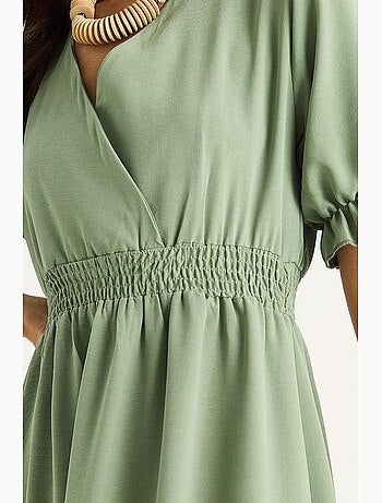 Vestido con cuello cruzado, cintura fruncida y mangas elásticas lucci